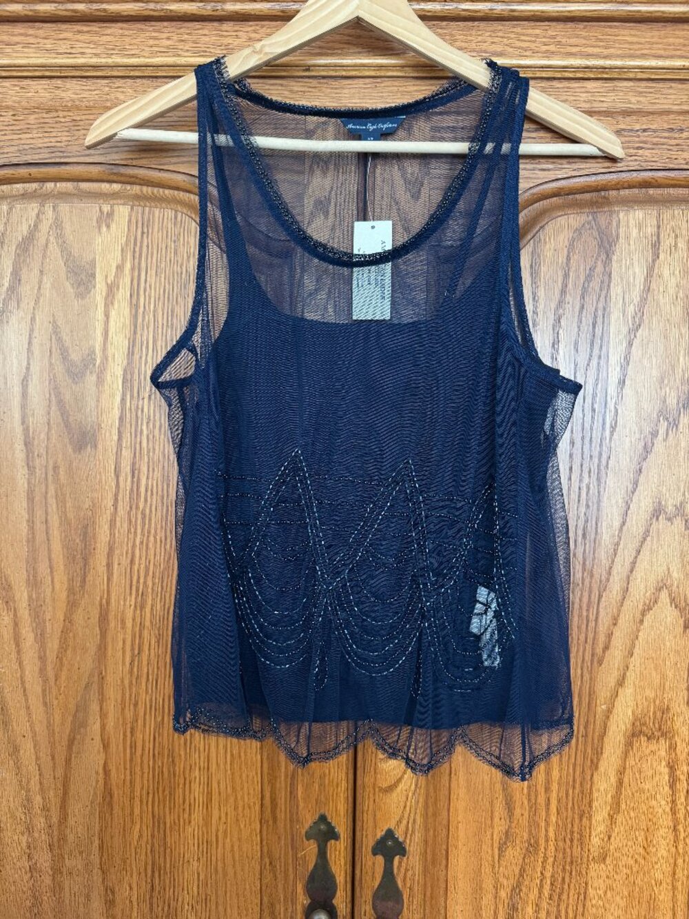 American Eagle Outfitters Navy Beaded Mesh Tank Top